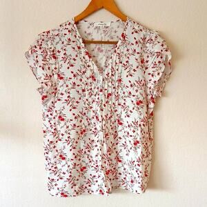 Monday Fun Rayon White Red Floral Short Sleeve Blouse